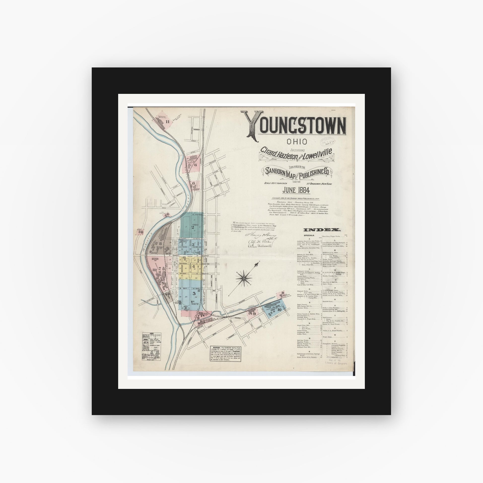 Old map wall art mockup — black gallery frame with white mat — Sanborn Fire Insurance Map from Youngstown, Mahoning County, Ohio (1884), Sheet #0001