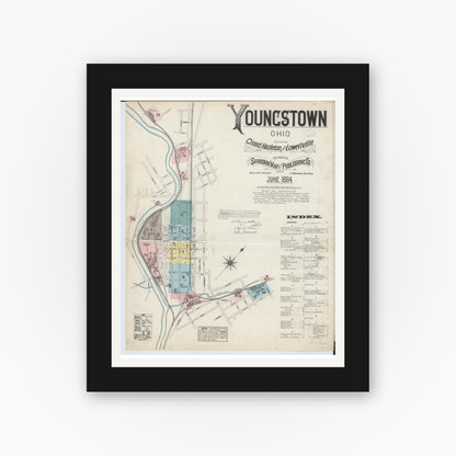 Old map wall art mockup — black gallery frame with white mat — Sanborn Fire Insurance Map from Youngstown, Mahoning County, Ohio (1884), Sheet #0001