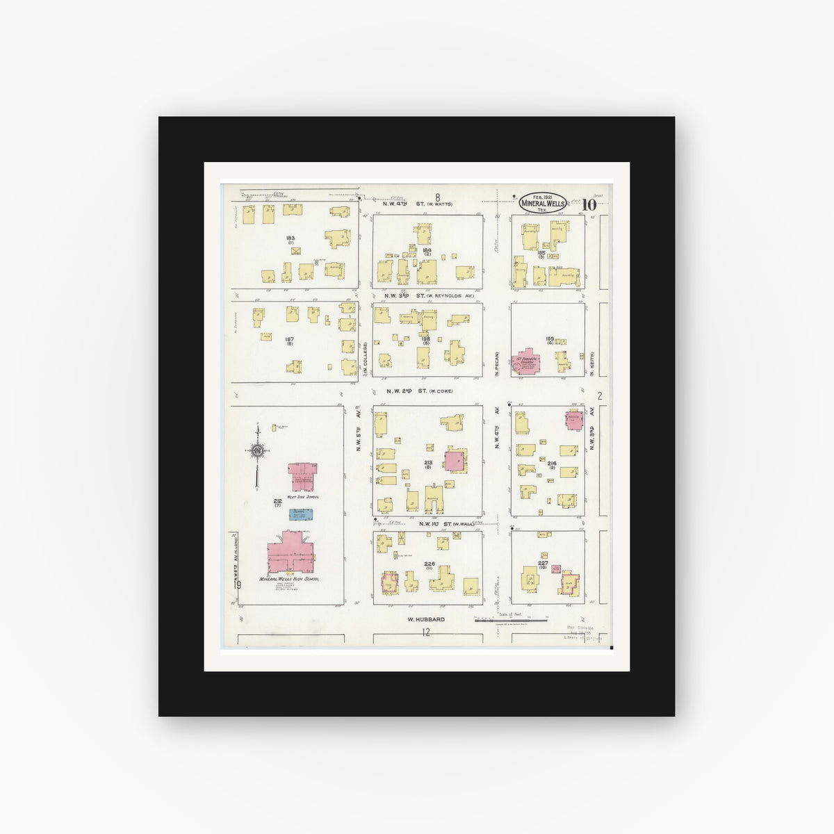 Old map wall art mockup — black gallery frame with white mat — Sanborn Fire Insurance Map from Mineral Wells, Palo Pinto County, Texas (1921), Sheet #0010