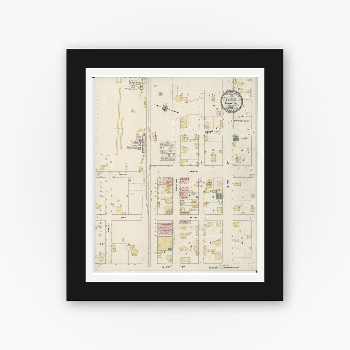 Old map wall art mockup — black gallery frame with white mat — Sanborn Fire Insurance Map from Ashmore, Coles County, Illinois (1910), Sheet #0001