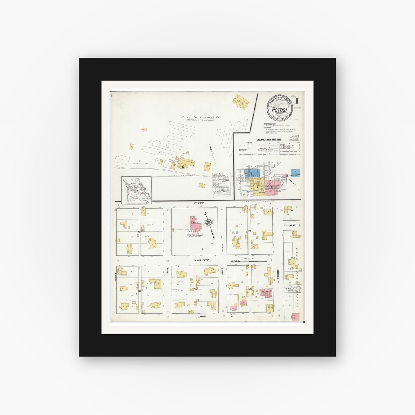 Old map wall art mockup — black gallery frame with white mat — Sanborn Fire Insurance Map from Potosi, Washington County, Missouri (1917), Sheet #0001