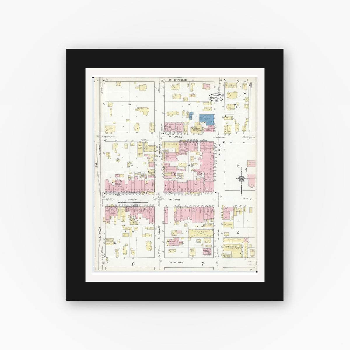 Old map wall art mockup — black gallery frame with white mat — Sanborn Fire Insurance Map from Havana, Mason County, Illinois (1914), Sheet #0004