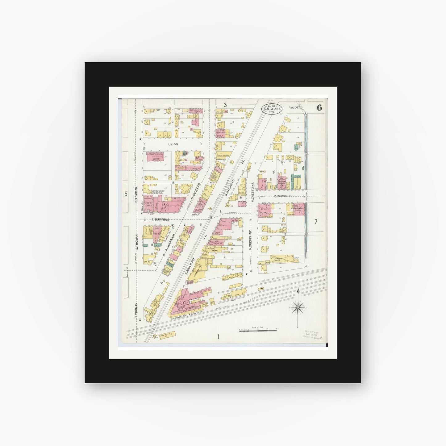 Old map wall art mockup — black gallery frame with white mat — Sanborn Fire Insurance Map from Crestline, Crawford County, Ohio (1901), Sheet #0006
