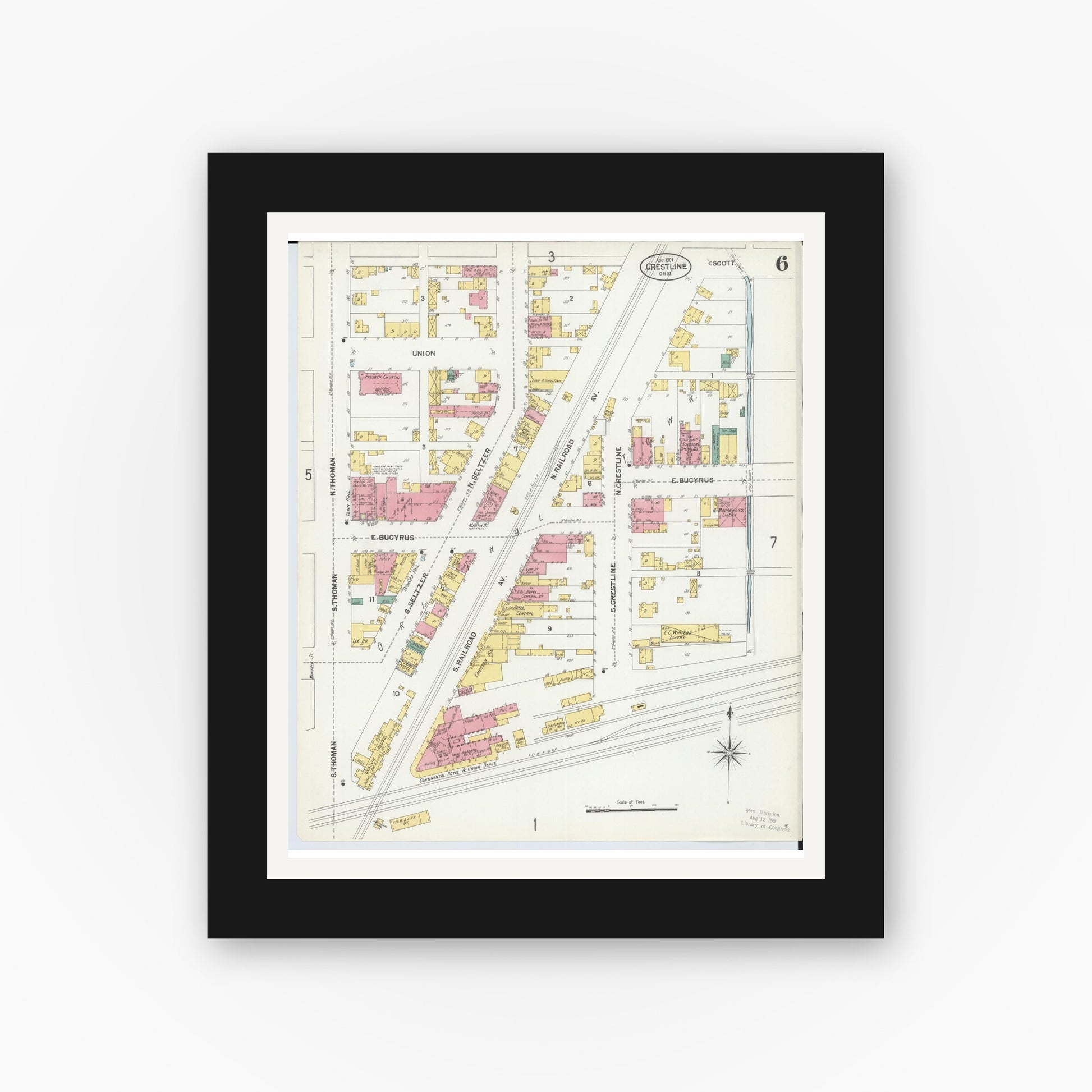 Old map wall art mockup — black gallery frame with white mat — Sanborn Fire Insurance Map from Crestline, Crawford County, Ohio (1901), Sheet #0006