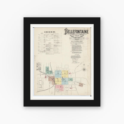 Old map wall art mockup — black gallery frame with white mat — Sanborn Fire Insurance Map from Bellefontaine, Logan County, Ohio (1887), Sheet #0001