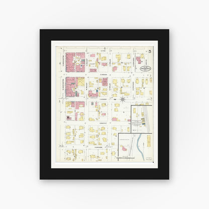 Old map wall art mockup — black gallery frame with white mat — Sanborn Fire Insurance Map from Greencastle, Putnam County, Indiana (1907), Sheet #0005