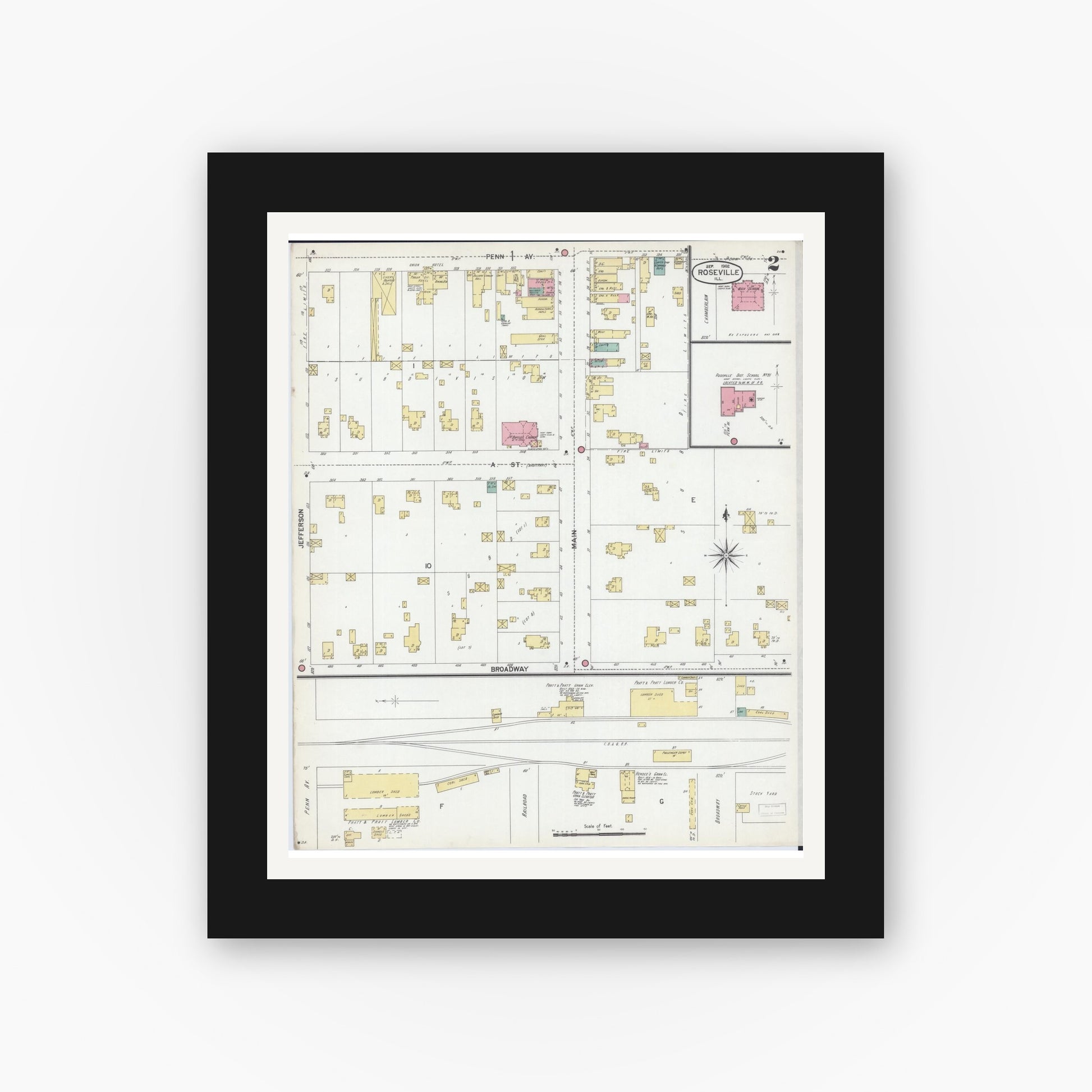 Old map wall art mockup — black gallery frame with white mat — Sanborn Fire Insurance Map from Roseville, Warren County, Illinois (1902), Sheet #0002