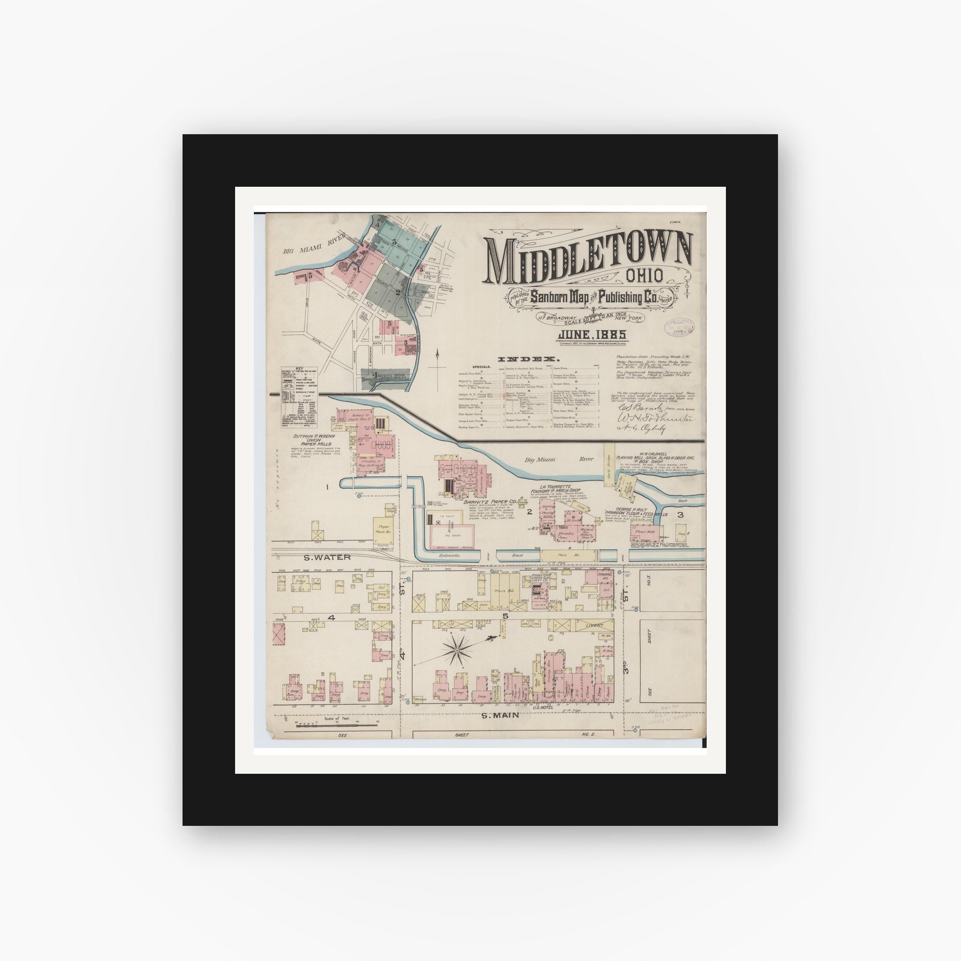 Old map wall art mockup — black gallery frame with white mat — Sanborn Fire Insurance Map from Middletown, Butler County, Ohio (1885) - Complete Map Set