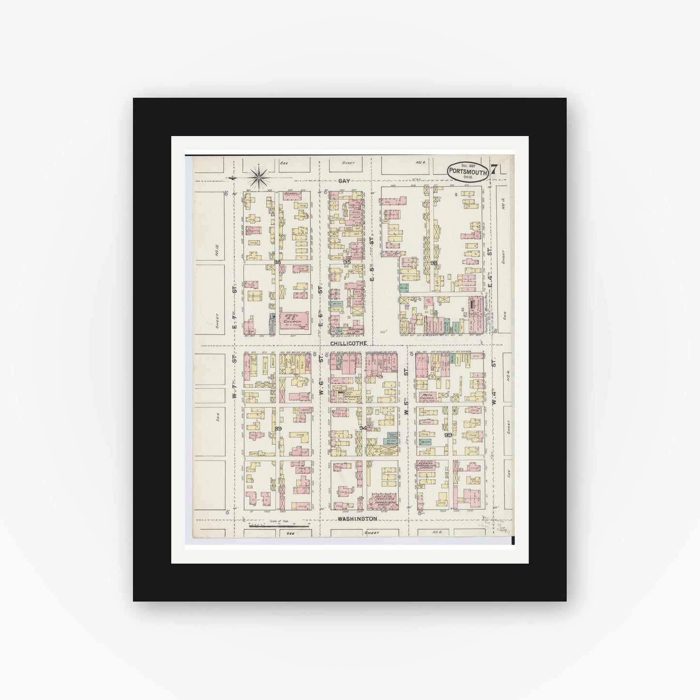 Old map wall art mockup — black gallery frame with white mat — Sanborn Fire Insurance Map from Portsmouth, Scioto County, Ohio (1887), Sheet #0007