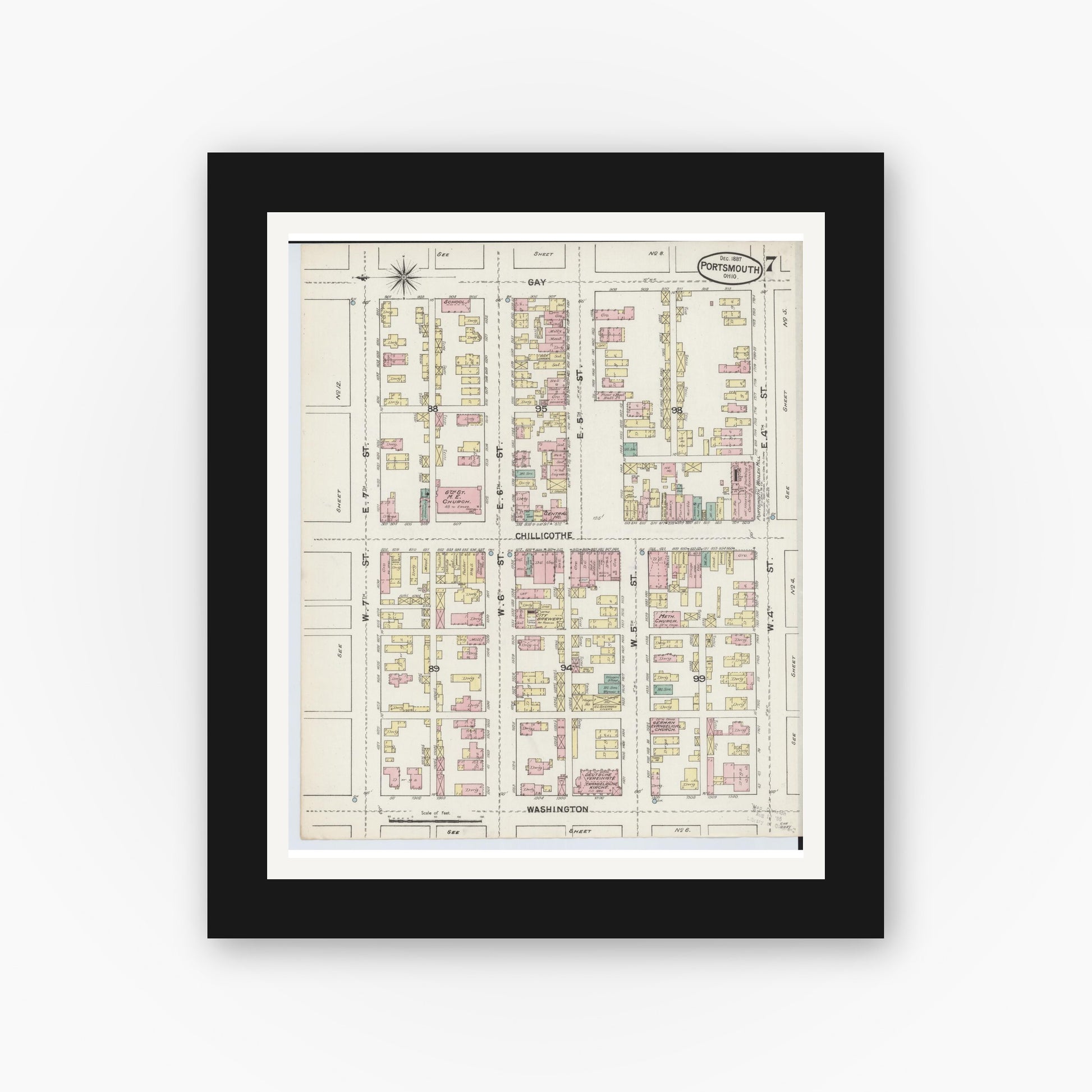 Old map wall art mockup — black gallery frame with white mat — Sanborn Fire Insurance Map from Portsmouth, Scioto County, Ohio (1887), Sheet #0007