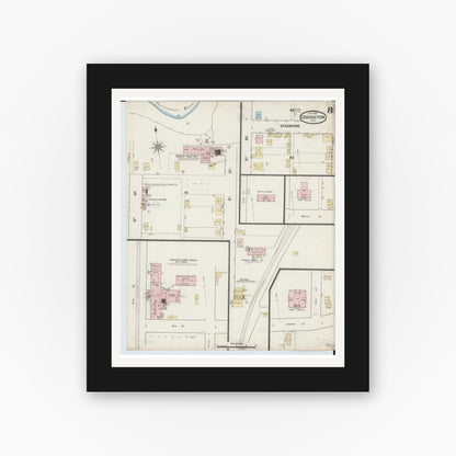 Old map wall art mockup — black gallery frame with white mat — Sanborn Fire Insurance Map from Coshocton, Coshocton County, Ohio (1889), Sheet #0008
