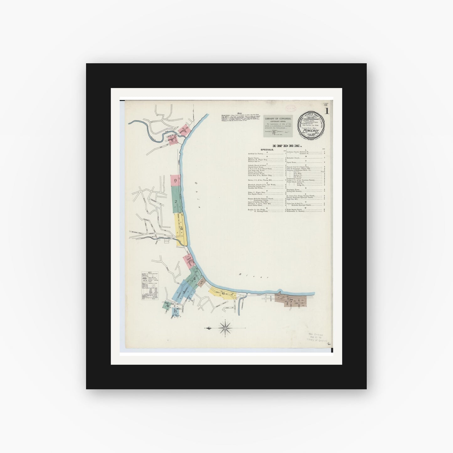 Old map wall art mockup — black gallery frame with white mat — Sanborn Fire Insurance Map from Pomeroy, Meigs County, Ohio (1893) - Complete Map Set