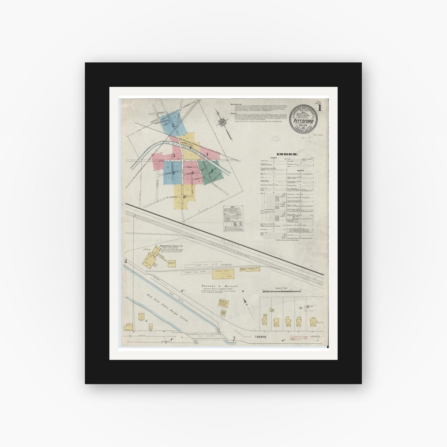 Old map wall art mockup — black gallery frame with white mat — Sanborn Fire Insurance Map from Pittsford, Monroe County, New York (1912), Sheet #0001