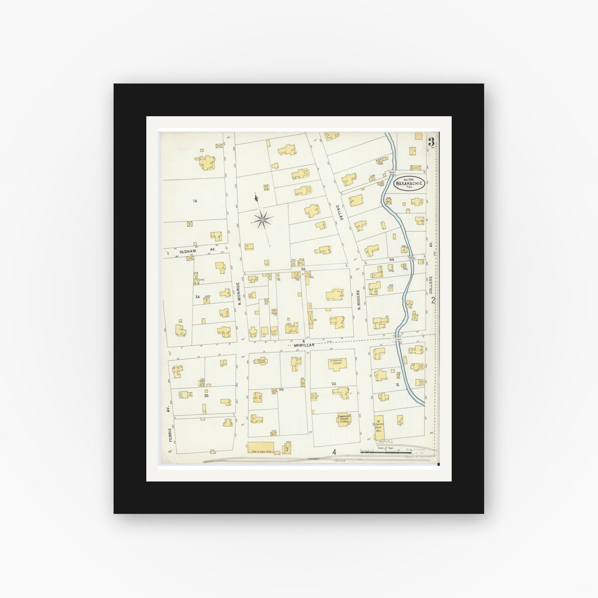 Old map wall art mockup — black gallery frame with white mat — Sanborn Fire Insurance Map from Waxahachie, Ellis County, Texas (1898), Sheet #0003