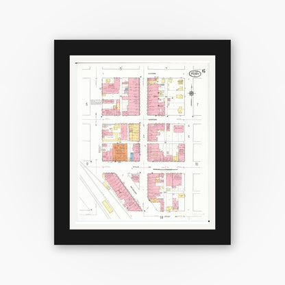 Old map wall art mockup — black gallery frame with white mat — Sanborn Fire Insurance Map from Perry, Dallas County, Iowa (1918), Sheet #0006