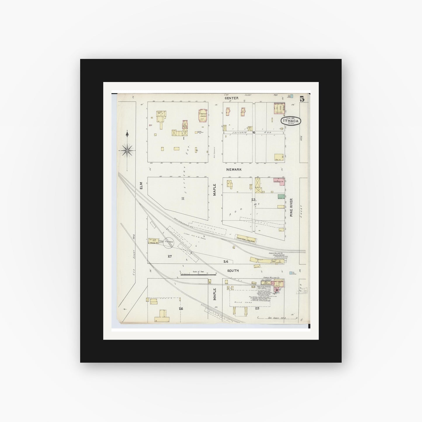 Old map wall art mockup — black gallery frame with white mat — Sanborn Fire Insurance Map from Ithaca, Gratiot County, Michigan (1891), Sheet #0005