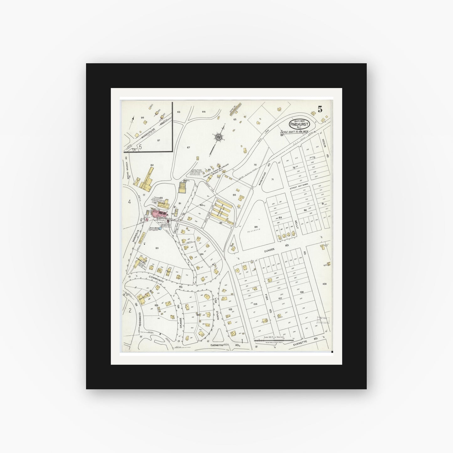 Old map wall art mockup — black gallery frame with white mat — Sanborn Fire Insurance Map from Pinehurst, Moore County, North Carolina (1920), Sheet #0005