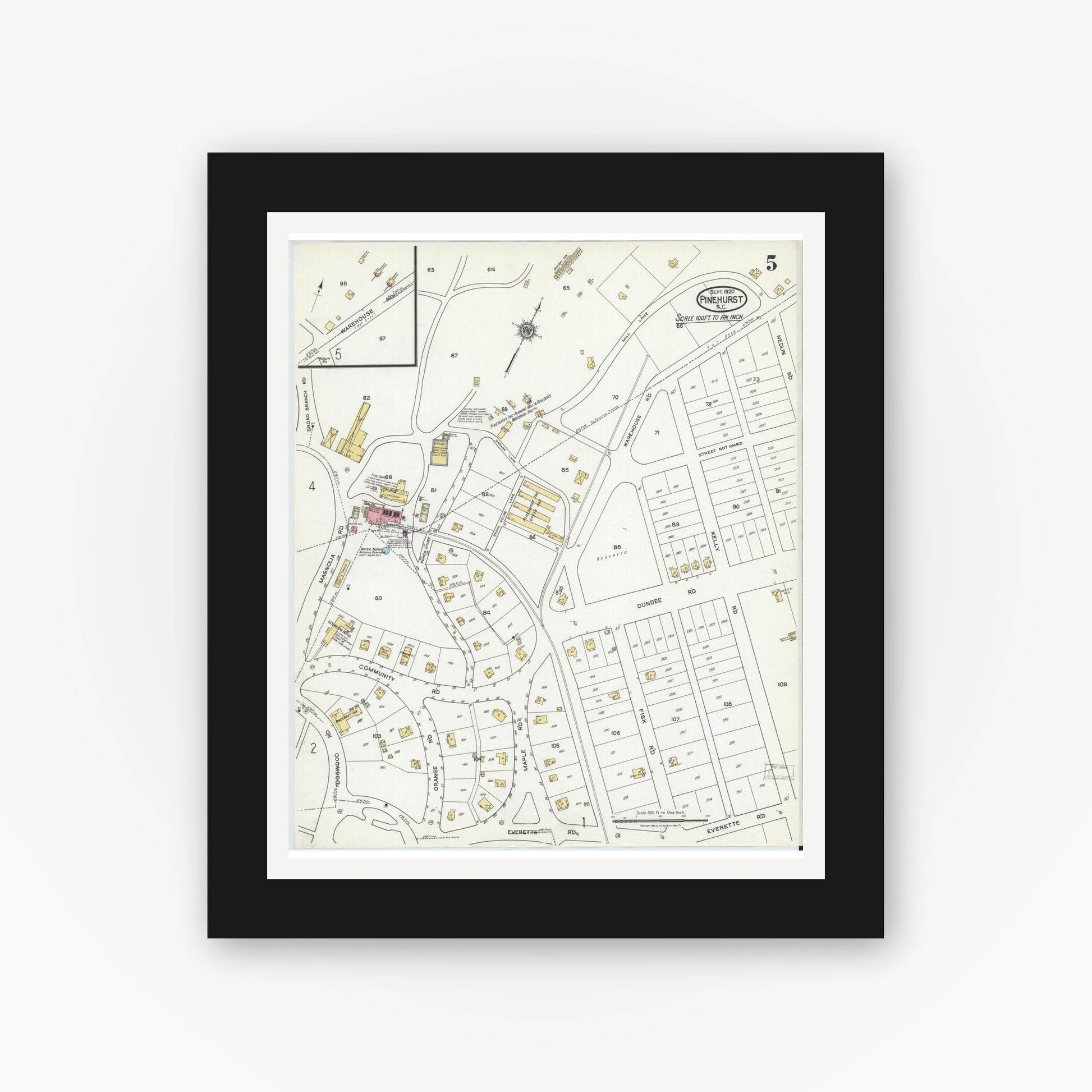 Old map wall art mockup — black gallery frame with white mat — Sanborn Fire Insurance Map from Pinehurst, Moore County, North Carolina (1920), Sheet #0005
