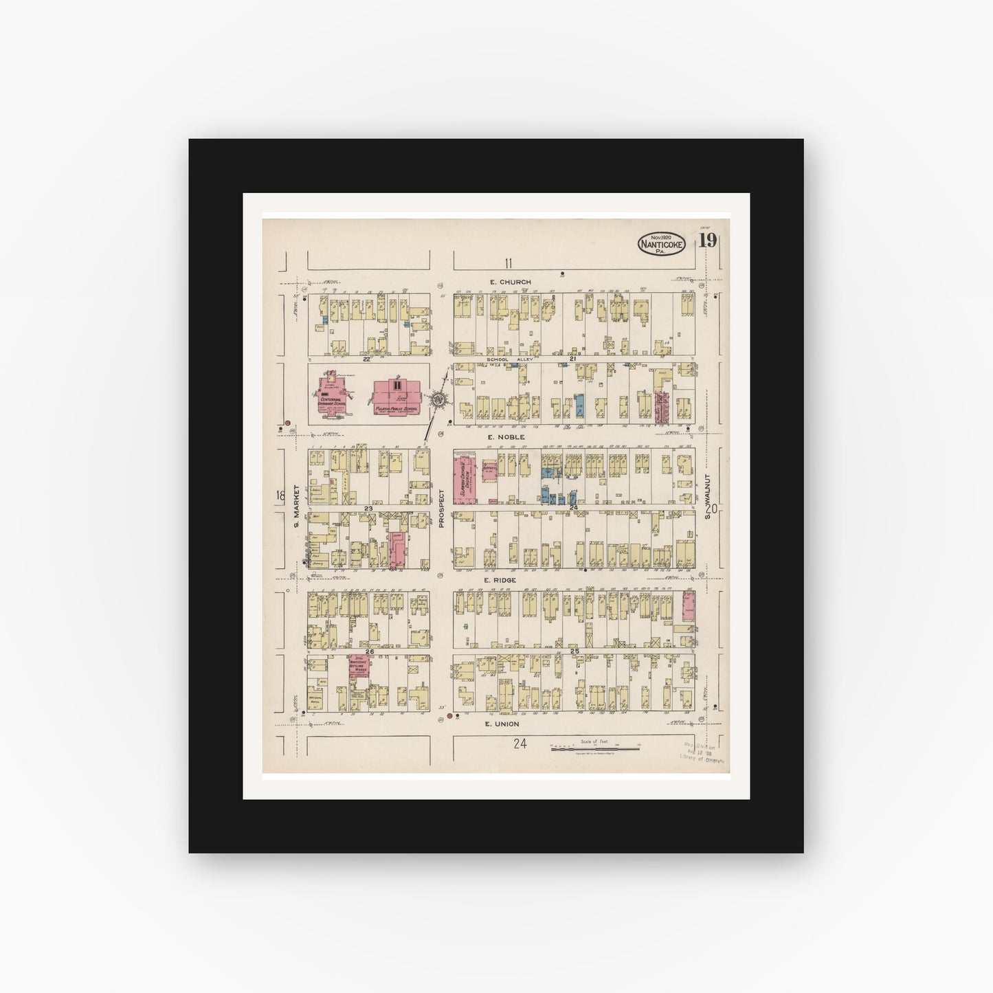 Old map wall art mockup — black gallery frame with white mat — Sanborn Fire Insurance Map from Nanticoke, Luzerne County, Pennsylvania (1920), Sheet #0019
