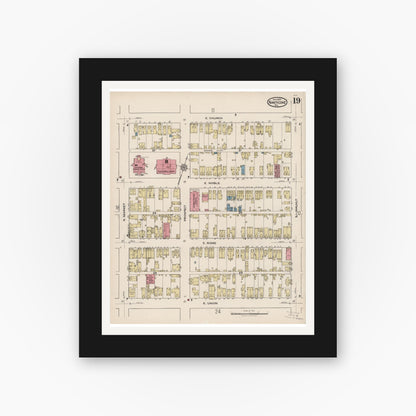 Old map wall art mockup — black gallery frame with white mat — Sanborn Fire Insurance Map from Nanticoke, Luzerne County, Pennsylvania (1920), Sheet #0019