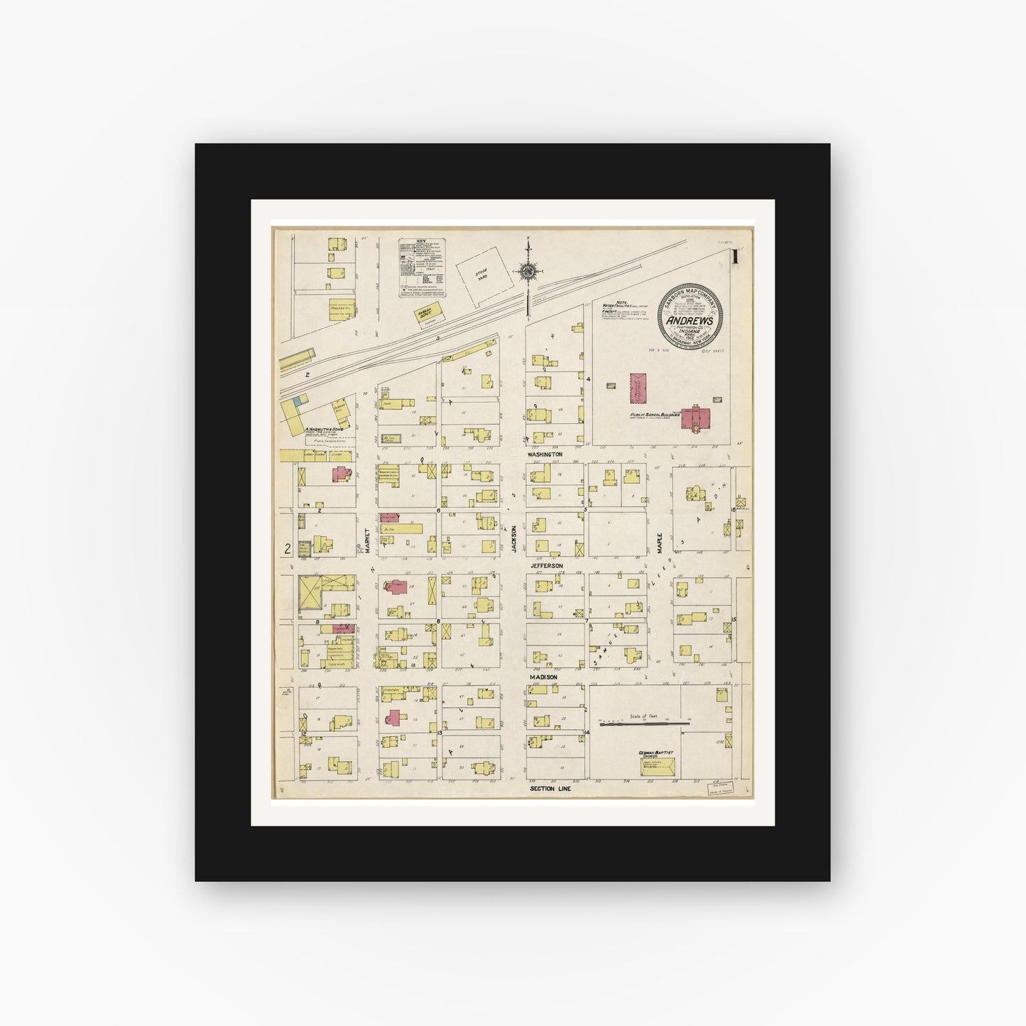 Old map wall art mockup — black gallery frame with white mat — Sanborn Fire Insurance Map from Andrews, Huntington County, Indiana (1912), Sheet #0001