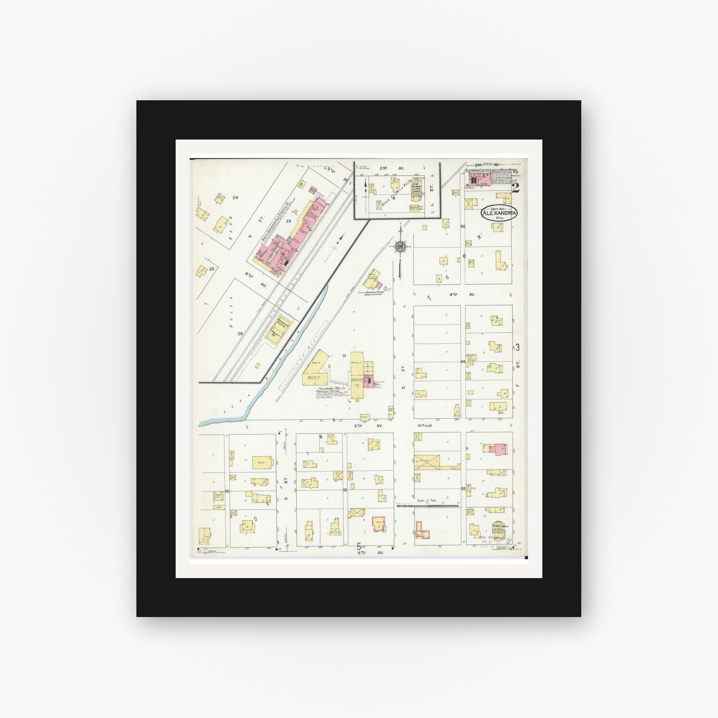 Old map wall art mockup — black gallery frame with white mat — Sanborn Fire Insurance Map from Alexandria, Douglas County, Minnesota (1909), Sheet #0002
