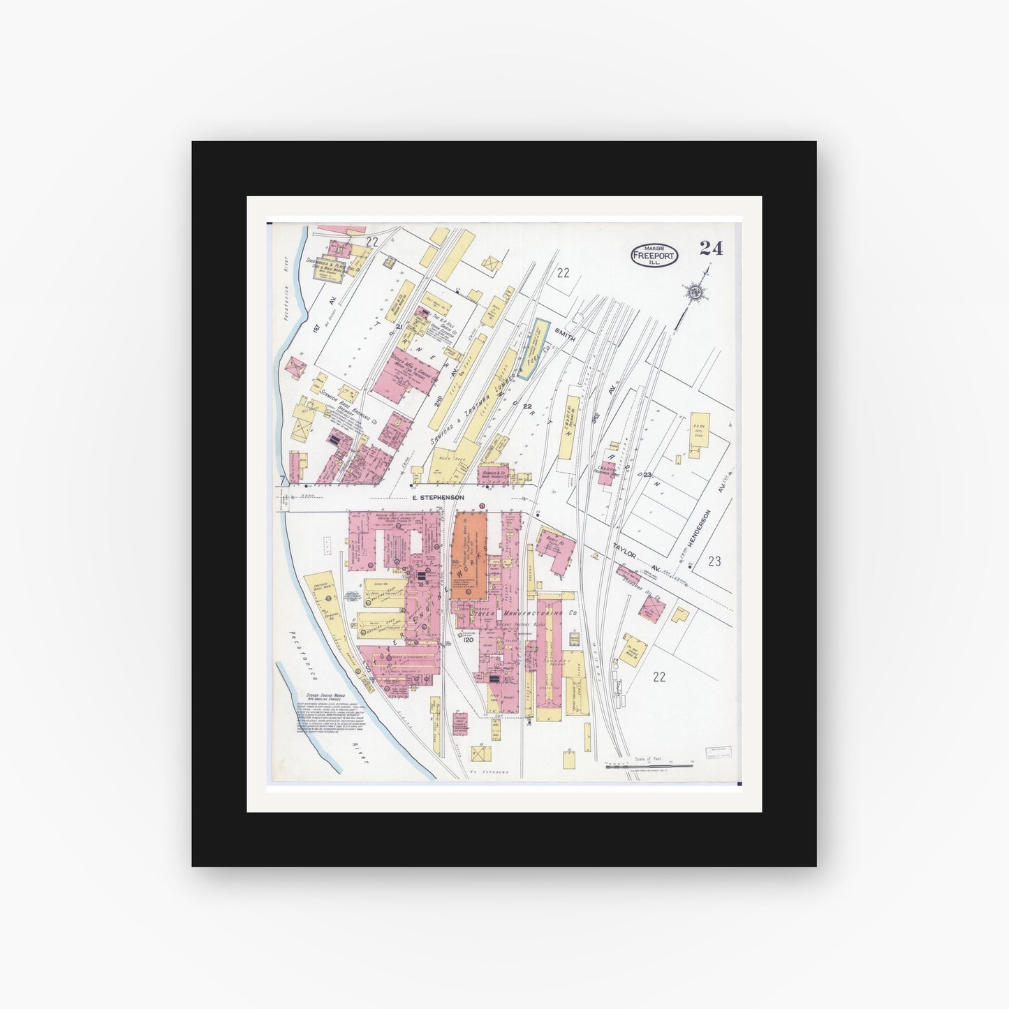 Old map wall art mockup — black gallery frame with white mat — Sanborn Fire Insurance Map from Freeport, Stephenson County, Illinois (1918), Sheet #0024