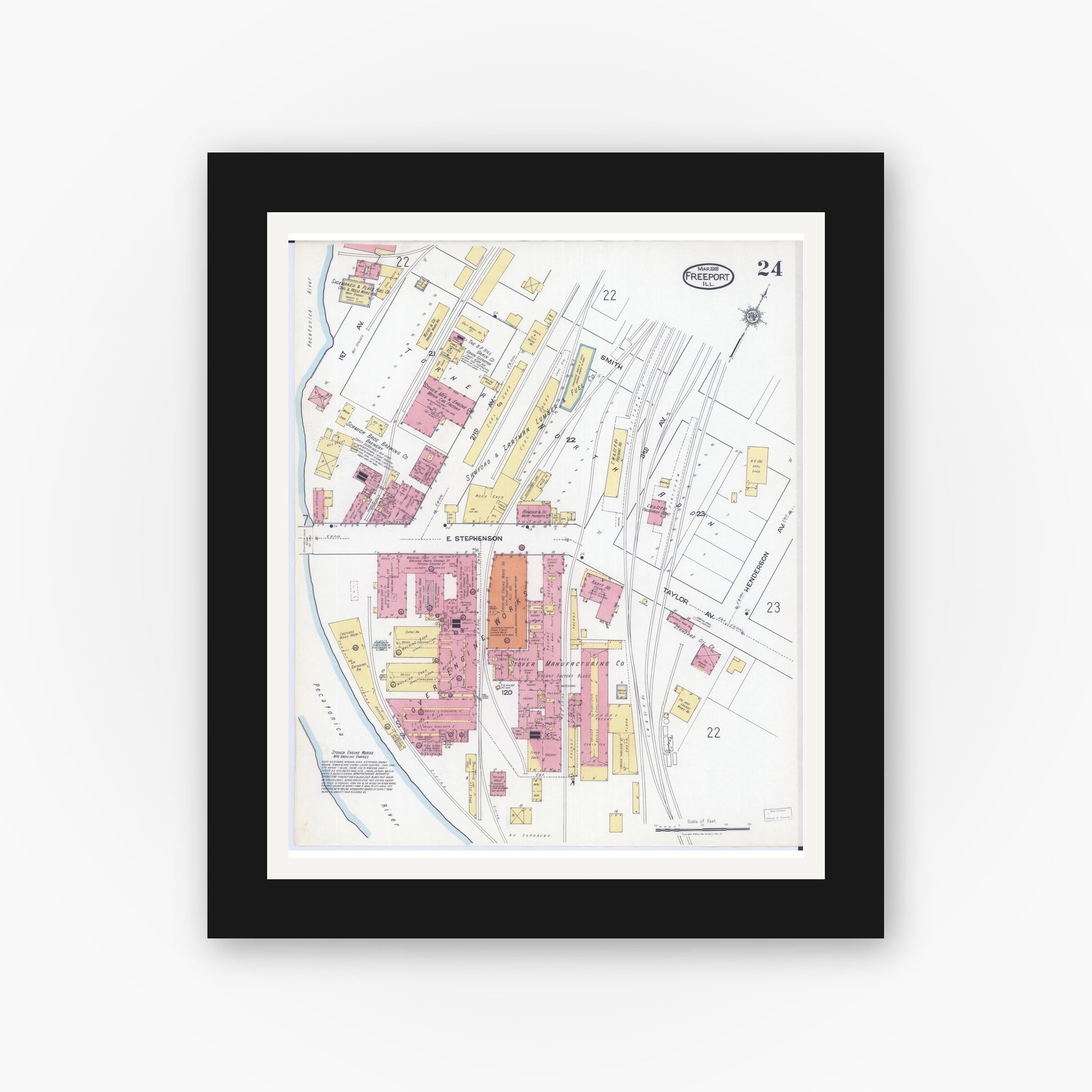 Old map wall art mockup — black gallery frame with white mat — Sanborn Fire Insurance Map from Freeport, Stephenson County, Illinois (1918), Sheet #0024