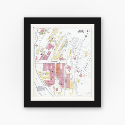 Old map wall art mockup — black gallery frame with white mat — Sanborn Fire Insurance Map from Freeport, Stephenson County, Illinois (1918), Sheet #0024