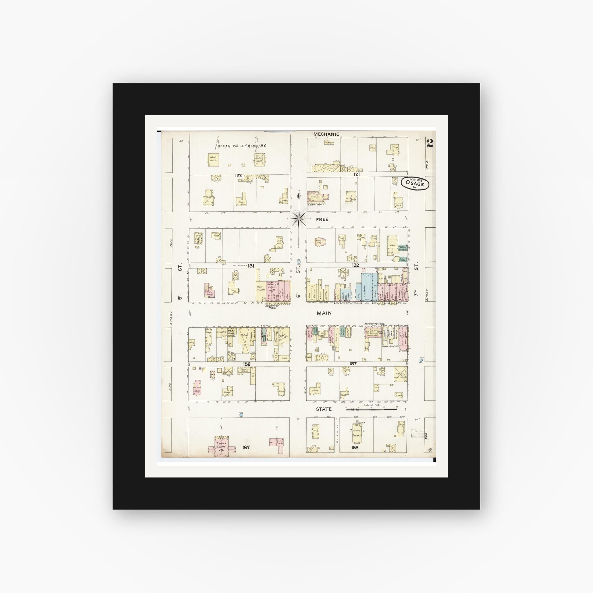 Old map wall art mockup — black gallery frame with white mat — Sanborn Fire Insurance Map from Osage, Mitchell County, Iowa (1888), Sheet #0002