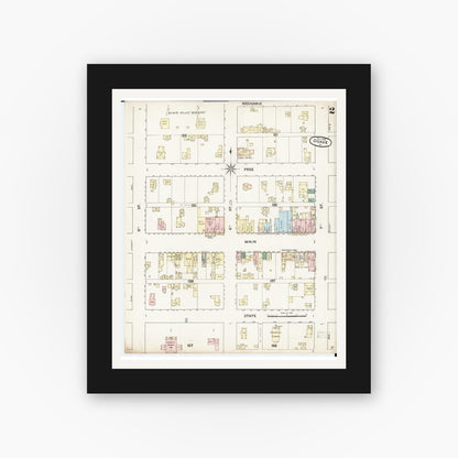 Old map wall art mockup — black gallery frame with white mat — Sanborn Fire Insurance Map from Osage, Mitchell County, Iowa (1888), Sheet #0002