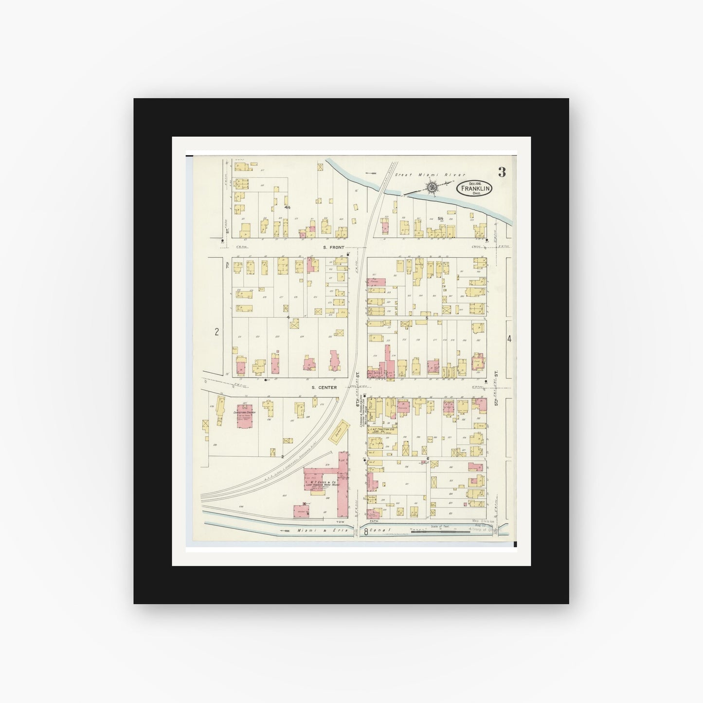 Old map wall art mockup — black gallery frame with white mat — Sanborn Fire Insurance Map from Franklin, Warren County, Ohio (1916), Sheet #0003