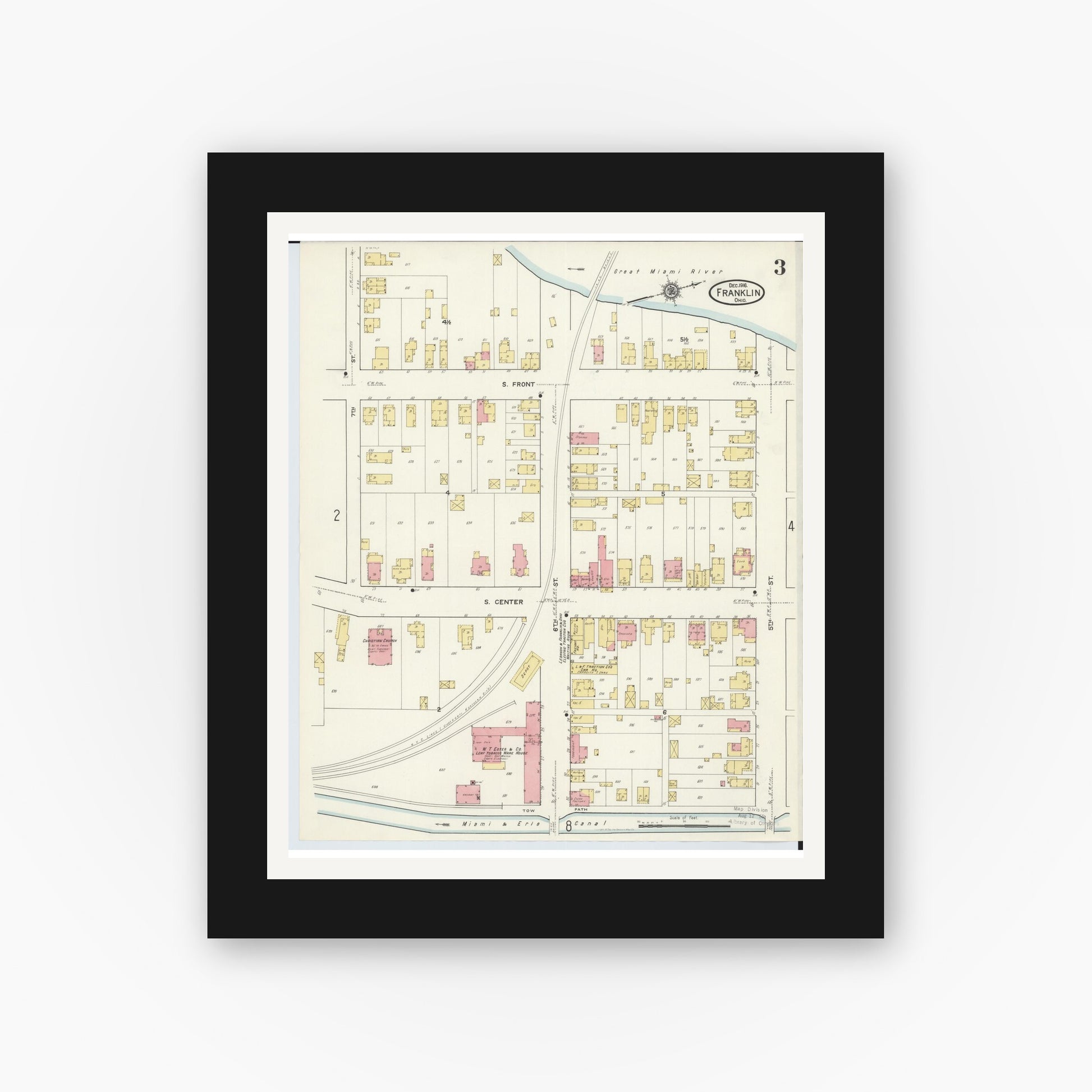 Old map wall art mockup — black gallery frame with white mat — Sanborn Fire Insurance Map from Franklin, Warren County, Ohio (1916), Sheet #0003