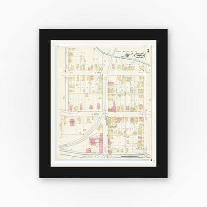 Old map wall art mockup — black gallery frame with white mat — Sanborn Fire Insurance Map from Franklin, Warren County, Ohio (1916), Sheet #0003