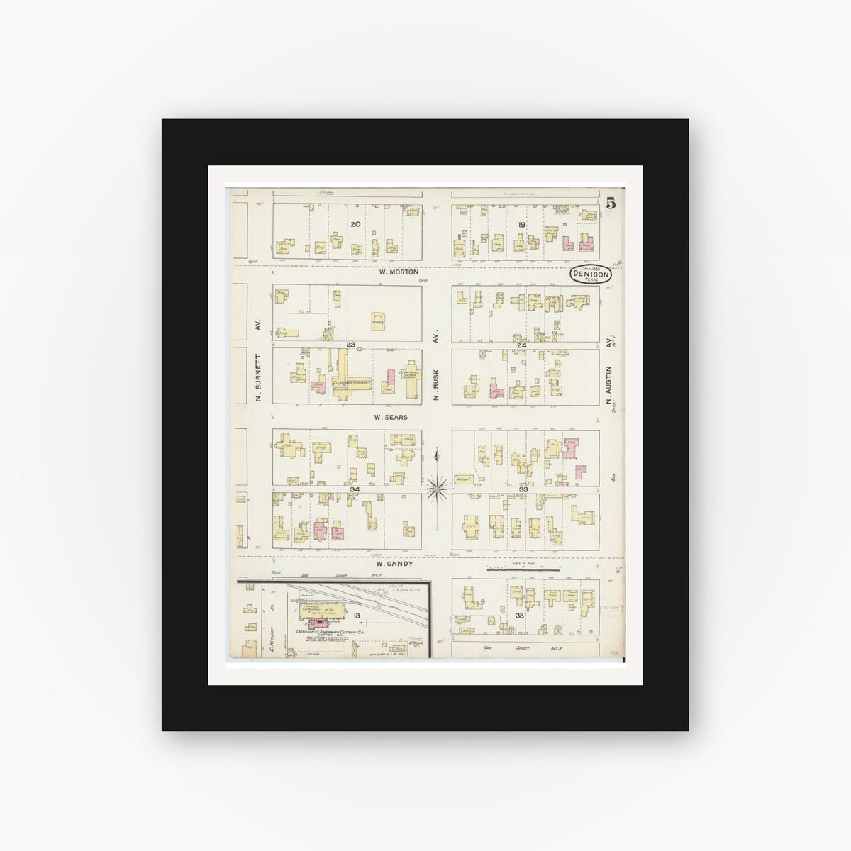 Old map wall art mockup — black gallery frame with white mat — Sanborn Fire Insurance Map from Denison, Grayson County, Texas (1888), Sheet #0005