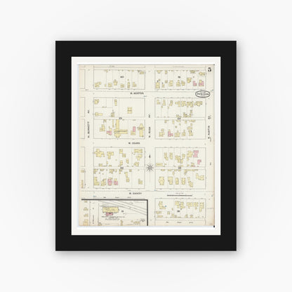 Old map wall art mockup — black gallery frame with white mat — Sanborn Fire Insurance Map from Denison, Grayson County, Texas (1888), Sheet #0005