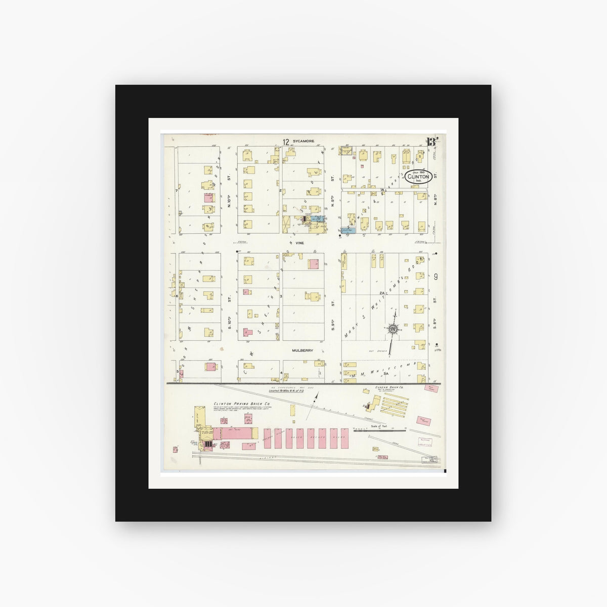 Old map wall art mockup — black gallery frame with white mat — Sanborn Fire Insurance Map from Clinton, Vermillion County, Indiana (1910), Sheet #0013