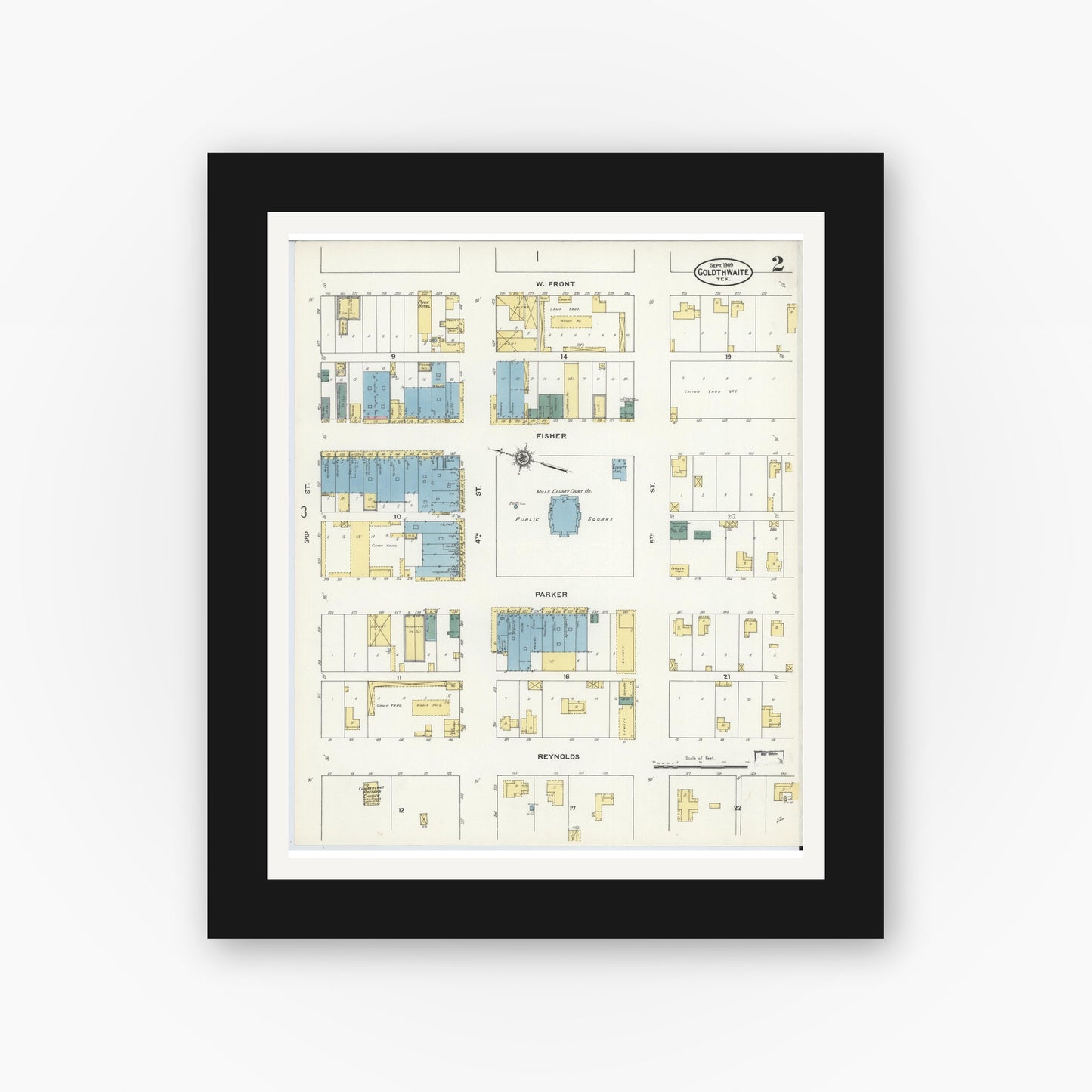 Old map wall art mockup — black gallery frame with white mat — Sanborn Fire Insurance Map from Goldthwaite, Mills County, Texas (1909), Sheet #0002