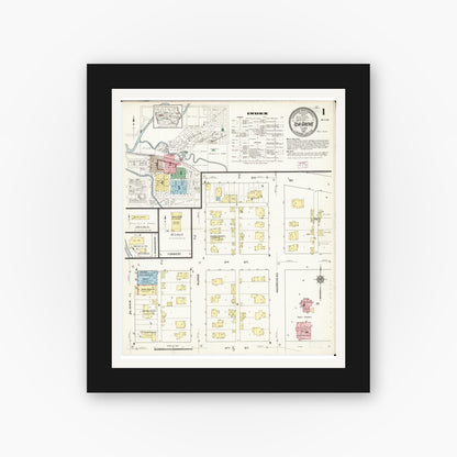 Old map wall art mockup — black gallery frame with white mat — Sanborn Fire Insurance Map from Ida Grove, Ida County, Iowa (1915), Sheet #0001