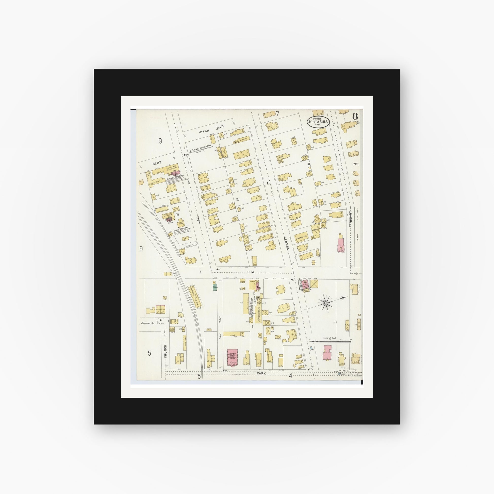 Old map wall art mockup — black gallery frame with white mat — Sanborn Fire Insurance Map from Ashtabula, Ashtabula County, Ohio (1898), Sheet #0008