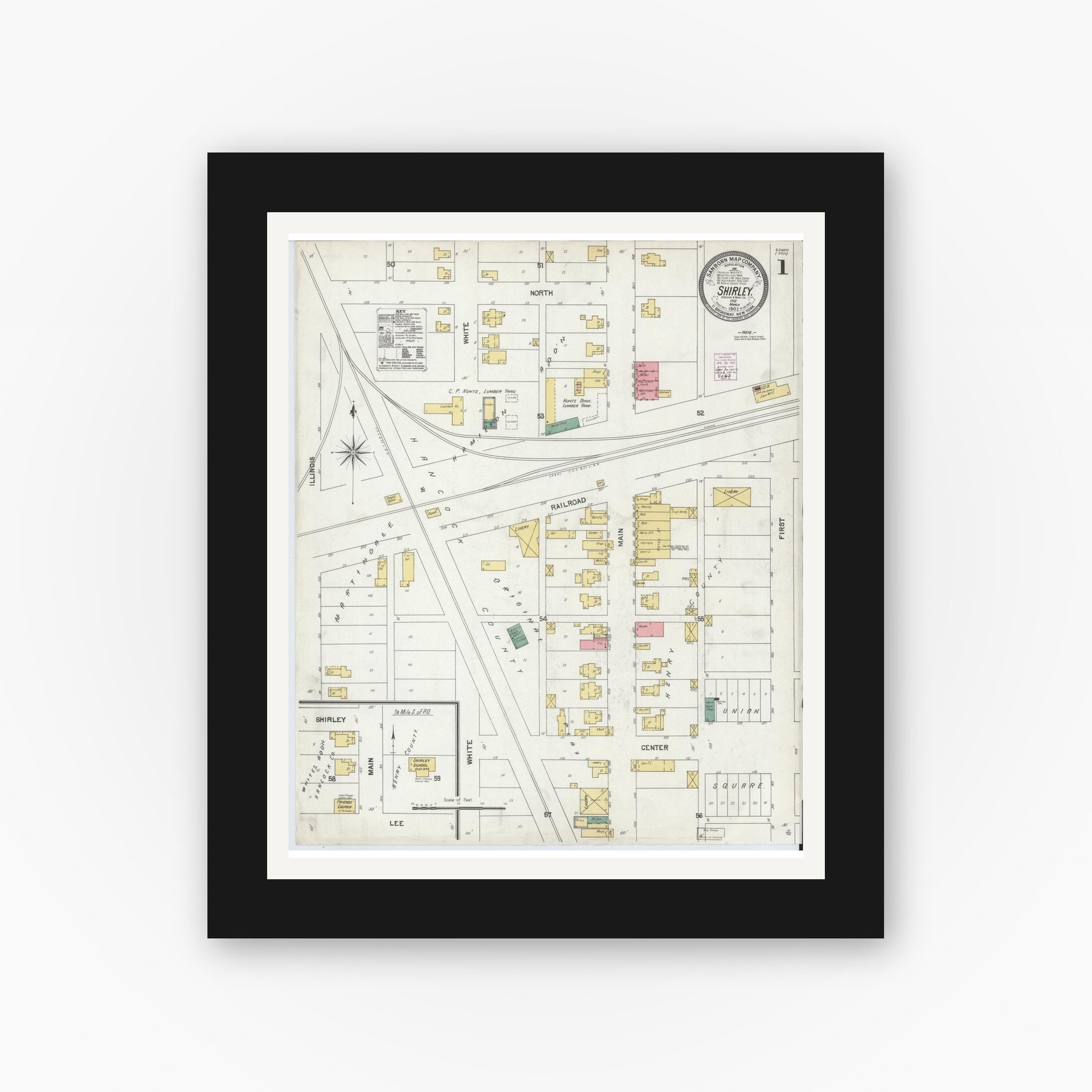 Old map wall art mockup — black gallery frame with white mat — Sanborn Fire Insurance Map from Shirley, Hancock And Henry Counties, Indiana (1902) - Complete Map Set