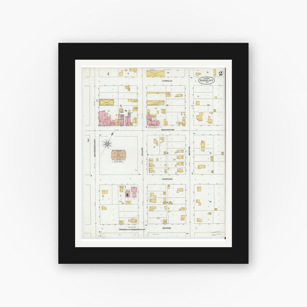 Old map wall art mockup — black gallery frame with white mat — Sanborn Fire Insurance Map from Rensselaer, Jasper County, Indiana (1899), Sheet #0002