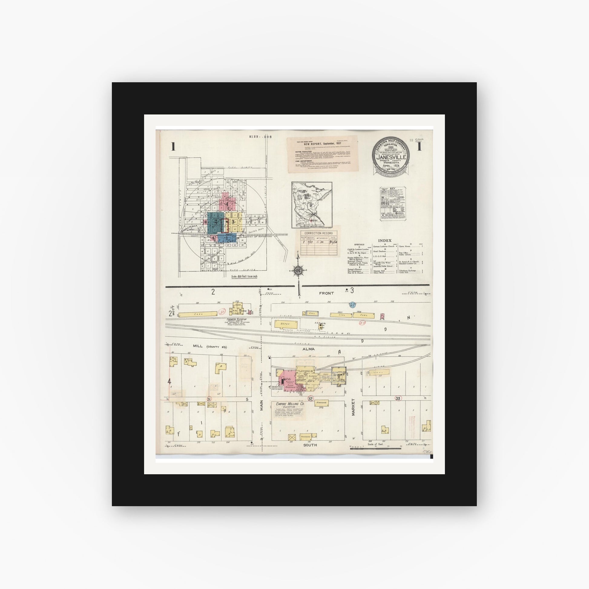 Old map wall art mockup — black gallery frame with white mat — Sanborn Fire Insurance Map from Janesville, Waseca County, Minnesota (1937) - Complete Map Set