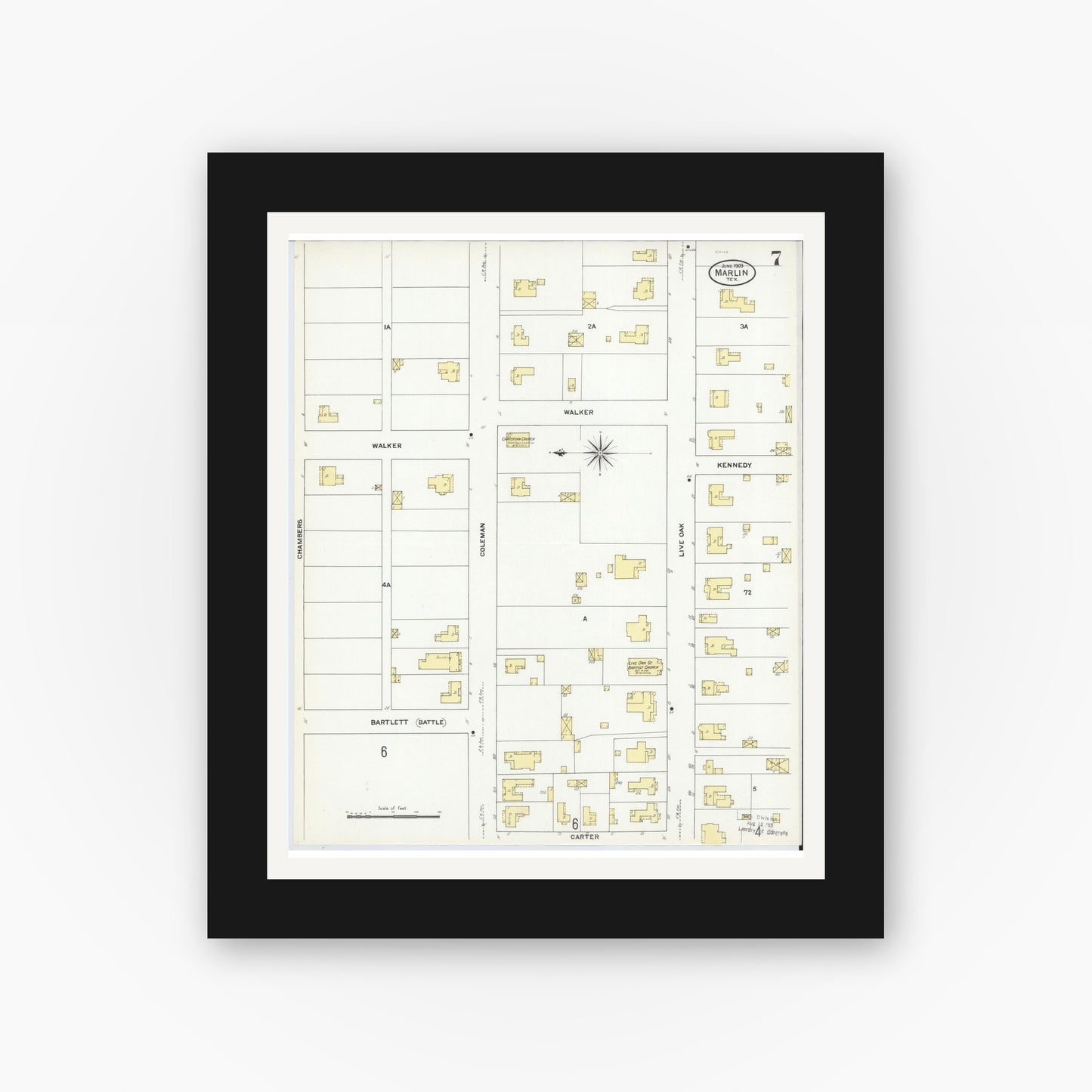 Old map wall art mockup — black gallery frame with white mat — Sanborn Fire Insurance Map from Marlin, Falls County, Texas (1909), Sheet #0007
