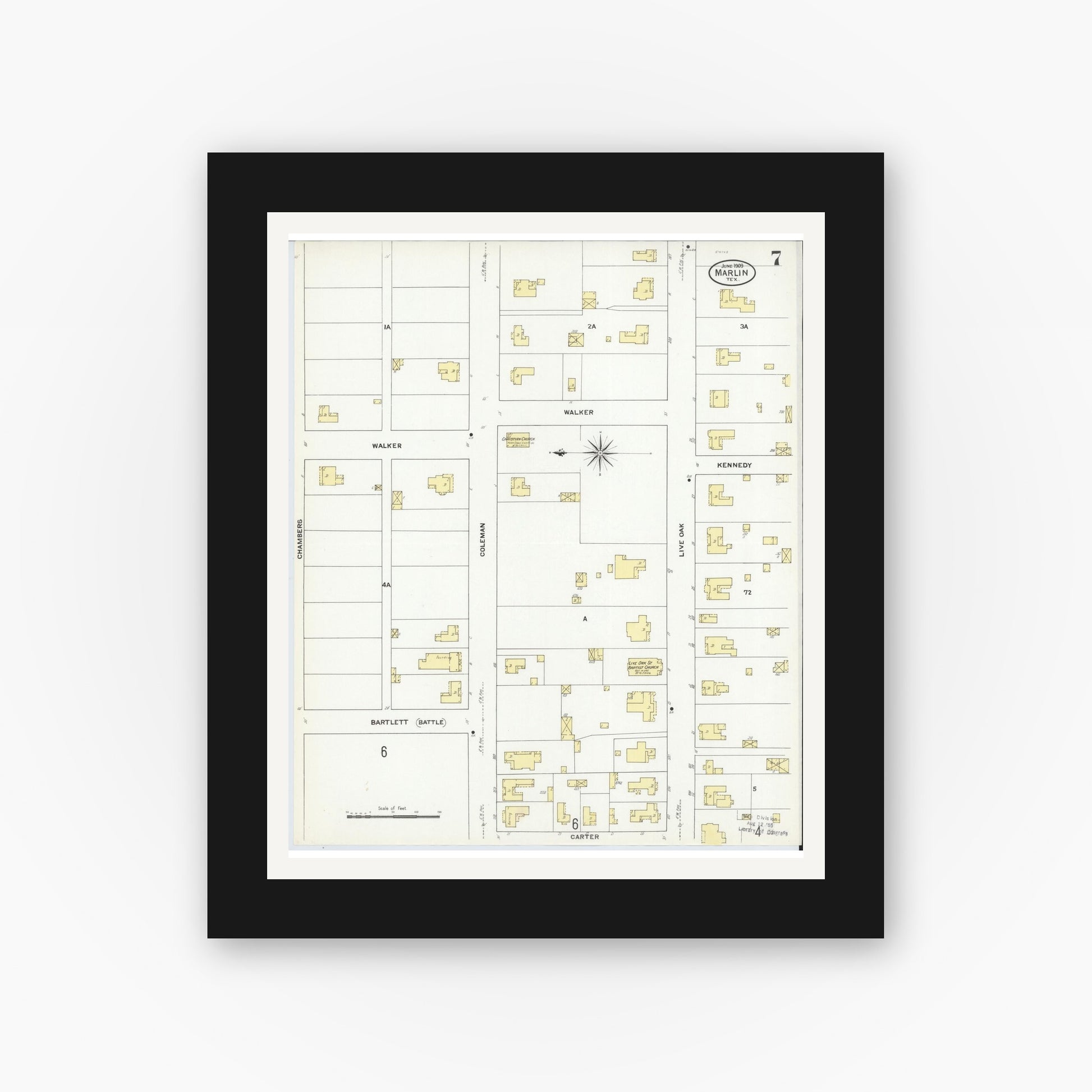 Old map wall art mockup — black gallery frame with white mat — Sanborn Fire Insurance Map from Marlin, Falls County, Texas (1909), Sheet #0007