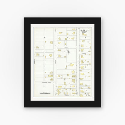 Old map wall art mockup — black gallery frame with white mat — Sanborn Fire Insurance Map from Marlin, Falls County, Texas (1909), Sheet #0007
