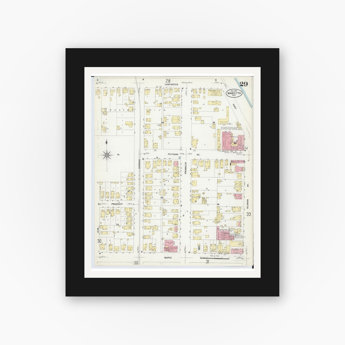Old map wall art mockup — black gallery frame with white mat — Sanborn Fire Insurance Map from Marietta, Washington County, Ohio (1907), Sheet #0029