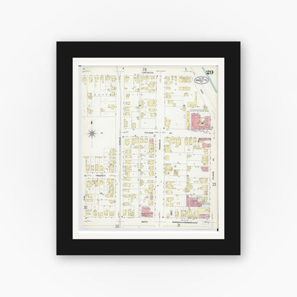 Old map wall art mockup — black gallery frame with white mat — Sanborn Fire Insurance Map from Marietta, Washington County, Ohio (1907), Sheet #0029