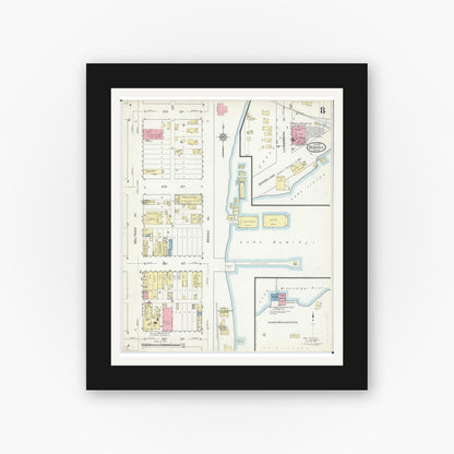 Old map wall art mockup — black gallery frame with white mat — Sanborn Fire Insurance Map from Bemidji, Beltrami County, Minnesota (1914), Sheet #0008
