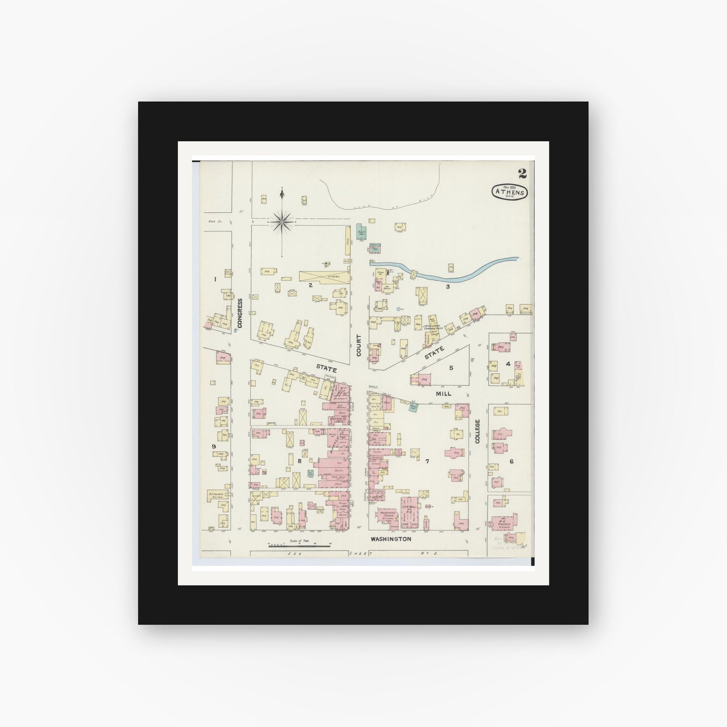 Old map wall art mockup — black gallery frame with white mat — Sanborn Fire Insurance Map from Athens, Athens County, Ohio (1890), Sheet #0002